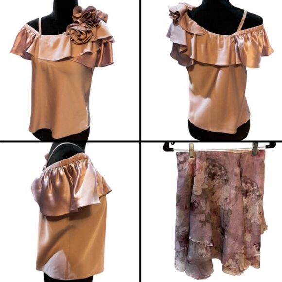 Satin Evening wear top with tiered Flowy floral skirt XS fit like size 2 - Picture 1 of 12